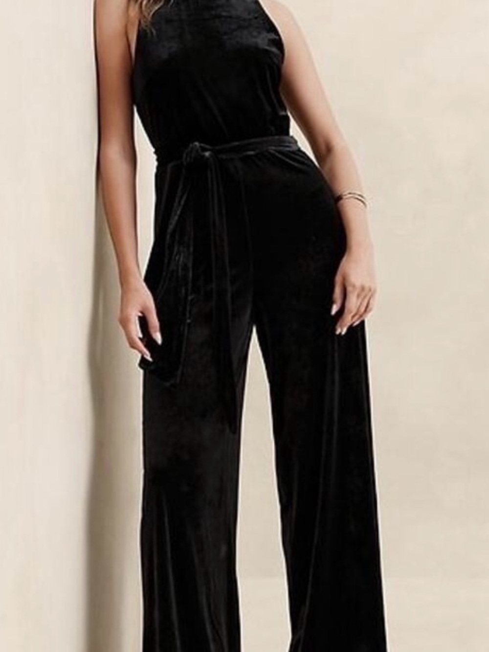Banana Republic Factory Black Velvet Halter Wide-Leg Jumpsuit with Tie Belt